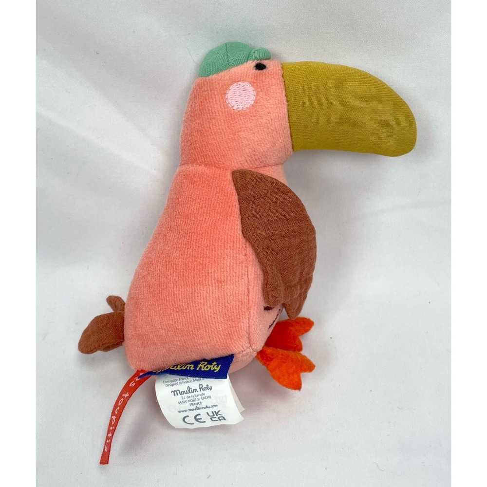Moulin Roty Les Toupitis Pink Toucan Bird with Hat Cap Rattle Plush